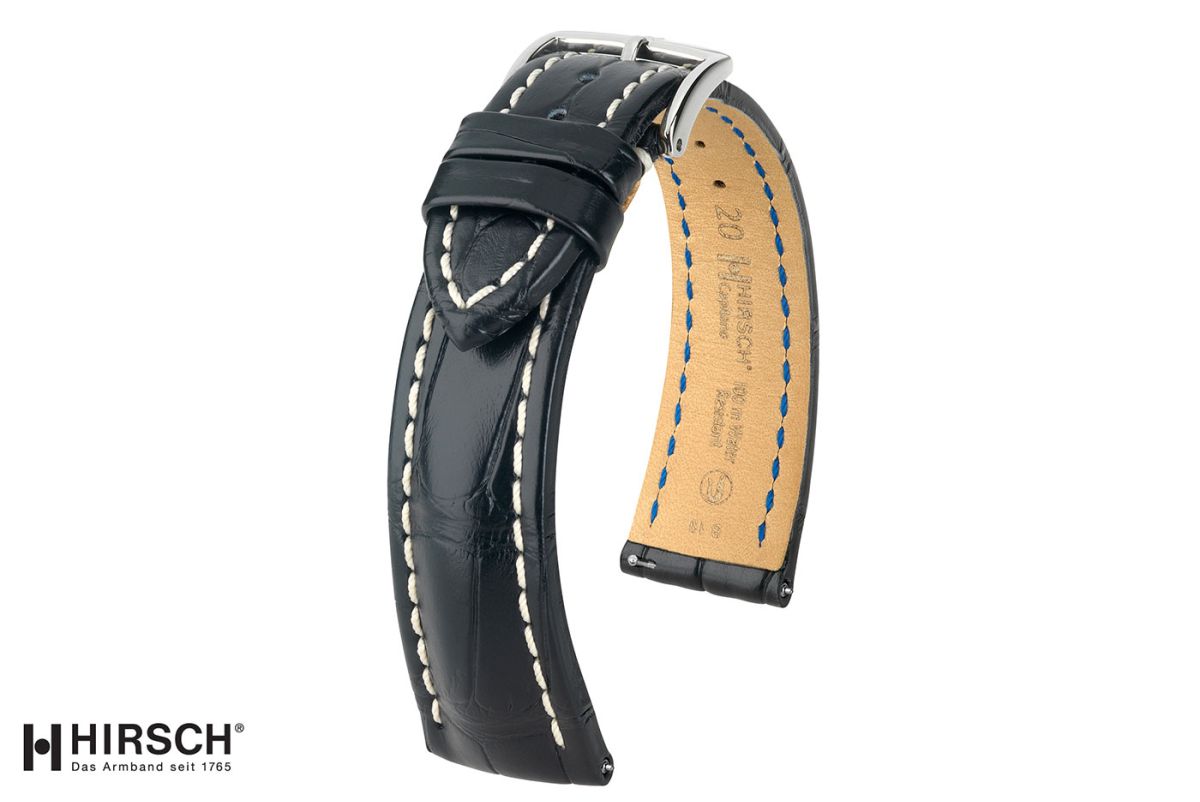 Bracelet montre HIRSCH Capitano en Alligator de Louisiane Noir, beau bombé racé