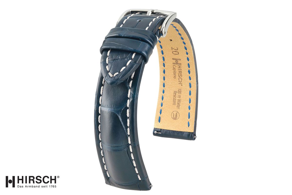 Bracelet montre HIRSCH Capitano en Alligator de Louisiane Bleu, beau bombé racé