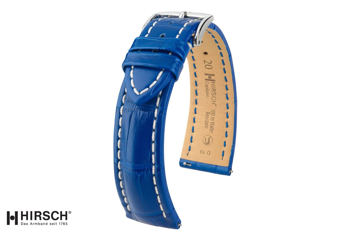 Bracelet montre HIRSCH Capitano en Alligator de Louisiane Bleu Roi, beau bombé racé