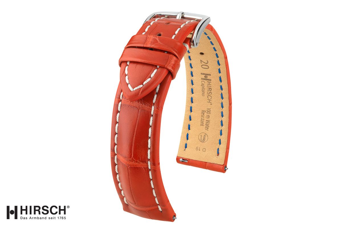 Red Louisiana Alligator Capitano HIRSCH watch band, streamlined bulging