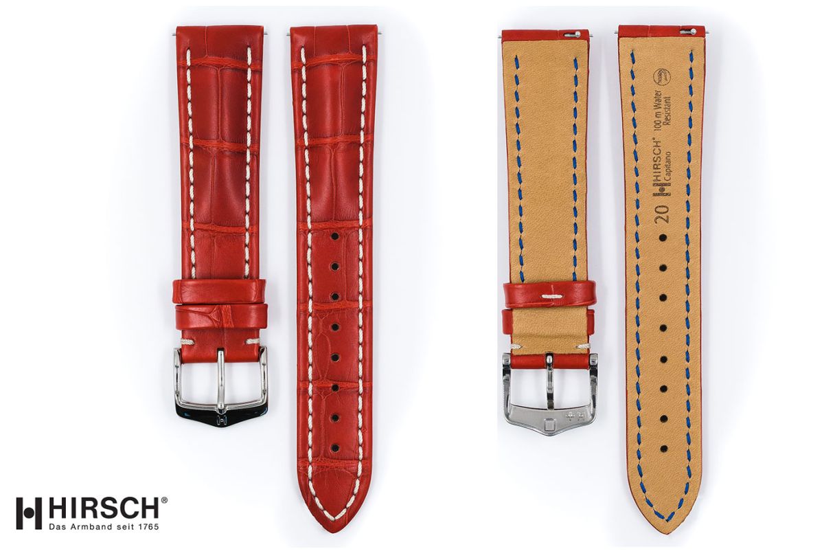 Red Louisiana Alligator Capitano HIRSCH watch band, streamlined bulging