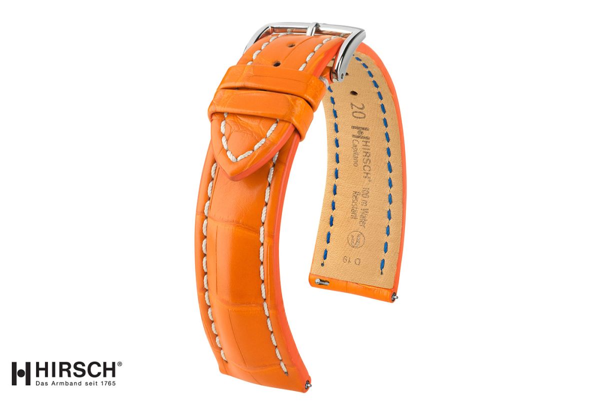 Bracelet montre HIRSCH Capitano en Alligator de Louisiane Orange, beau bombé racé