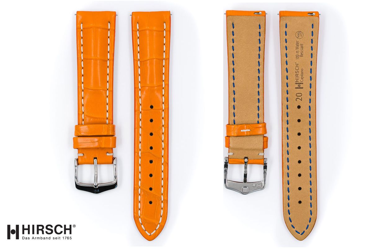 Orange Louisiana Alligator Capitano HIRSCH watch band, streamlined bulging