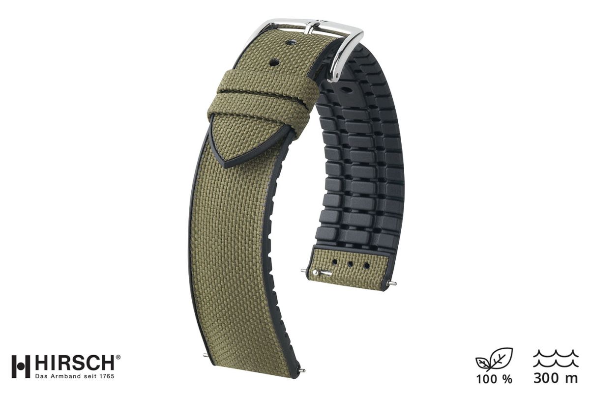 Recycled Canvas HIRSCH watch strap Army Green Kaki Rubber lining