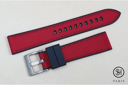 Bracelet montre SELECT-HEURE Toile de Voile Rouge doublée Caoutchouc FKM Noir, montage pompes rapides (interchangeable)