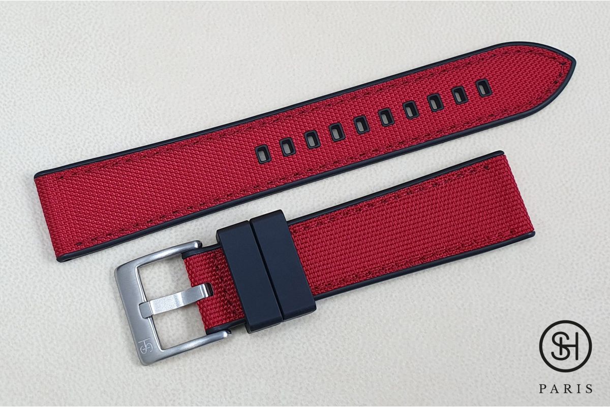 Bracelet montre SELECT-HEURE Toile de Voile Rouge doublée Caoutchouc FKM Noir, montage pompes rapides (interchangeable)