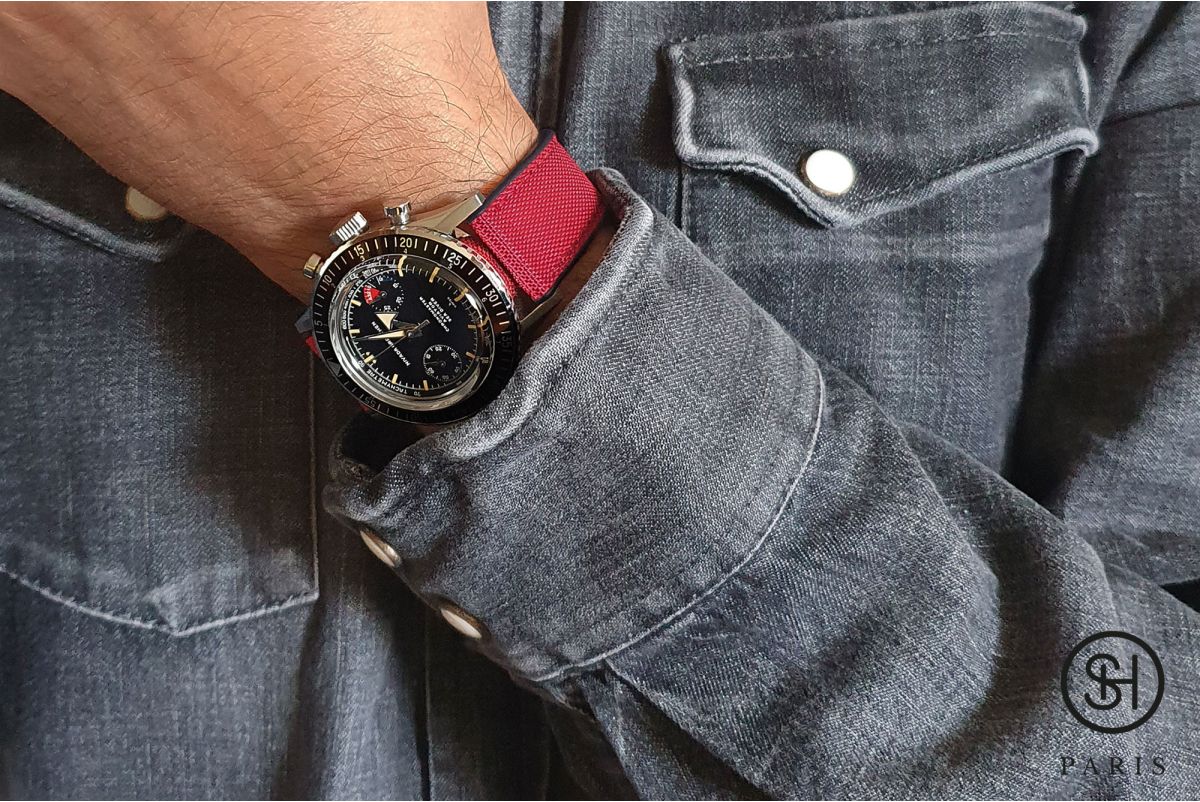 SELECT-HEURE Red Sailcloth watch strap lined with Black FKM rubber, quick release pring bars (interchangeable)