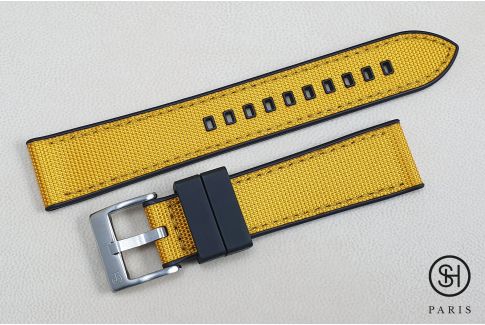 Bracelet montre SELECT-HEURE Toile de Voile Jaune doublée Caoutchouc FKM Noir, montage pompes rapides (interchangeable)