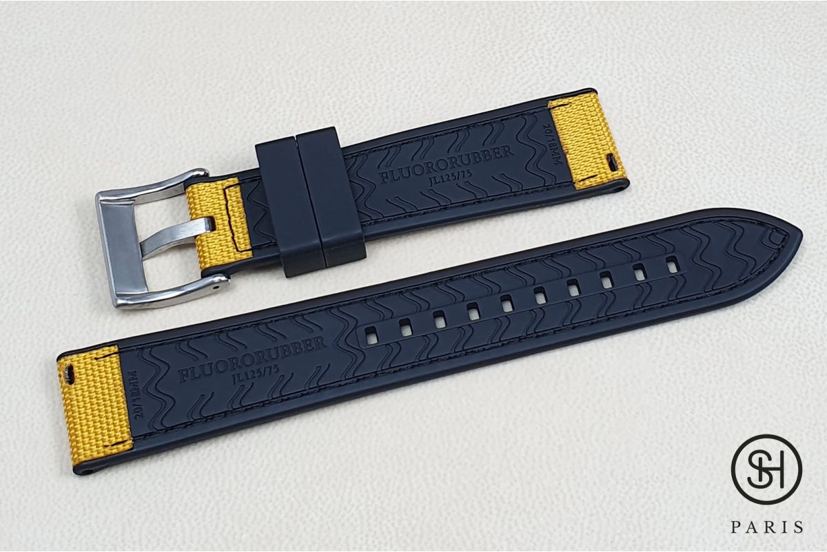 Bracelet montre SELECT-HEURE Toile de Voile Jaune doublée Caoutchouc FKM Noir, montage pompes rapides (interchangeable)