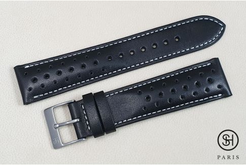 Black Sports Rally SELECT-HEURE watch strap, White stitching, French luxurious calfskin leather