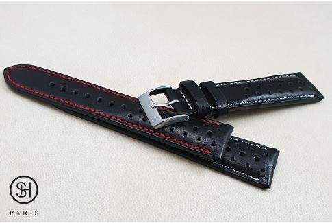 Black Sports Rally SELECT-HEURE watch strap, White stitching, French luxurious calfskin leather