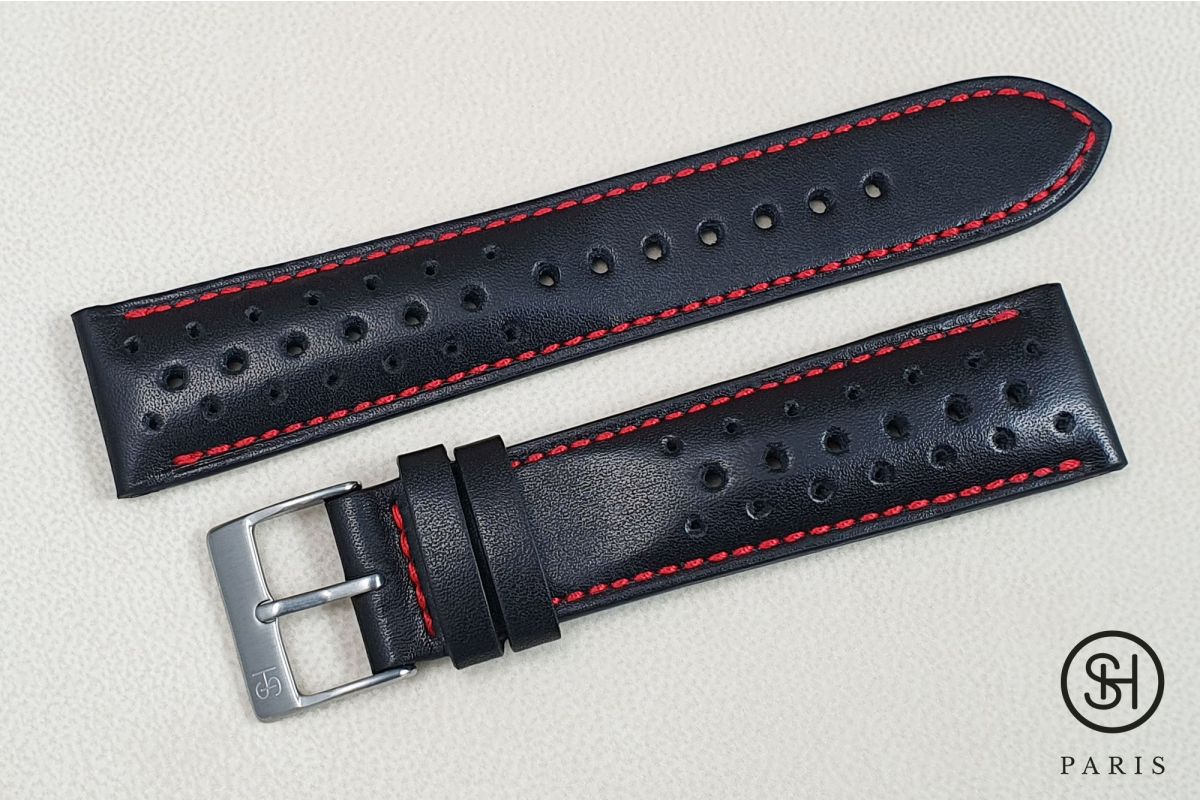 Black Sports Rally SELECT-HEURE watch strap, Red stitching, French luxurious calfskin leather