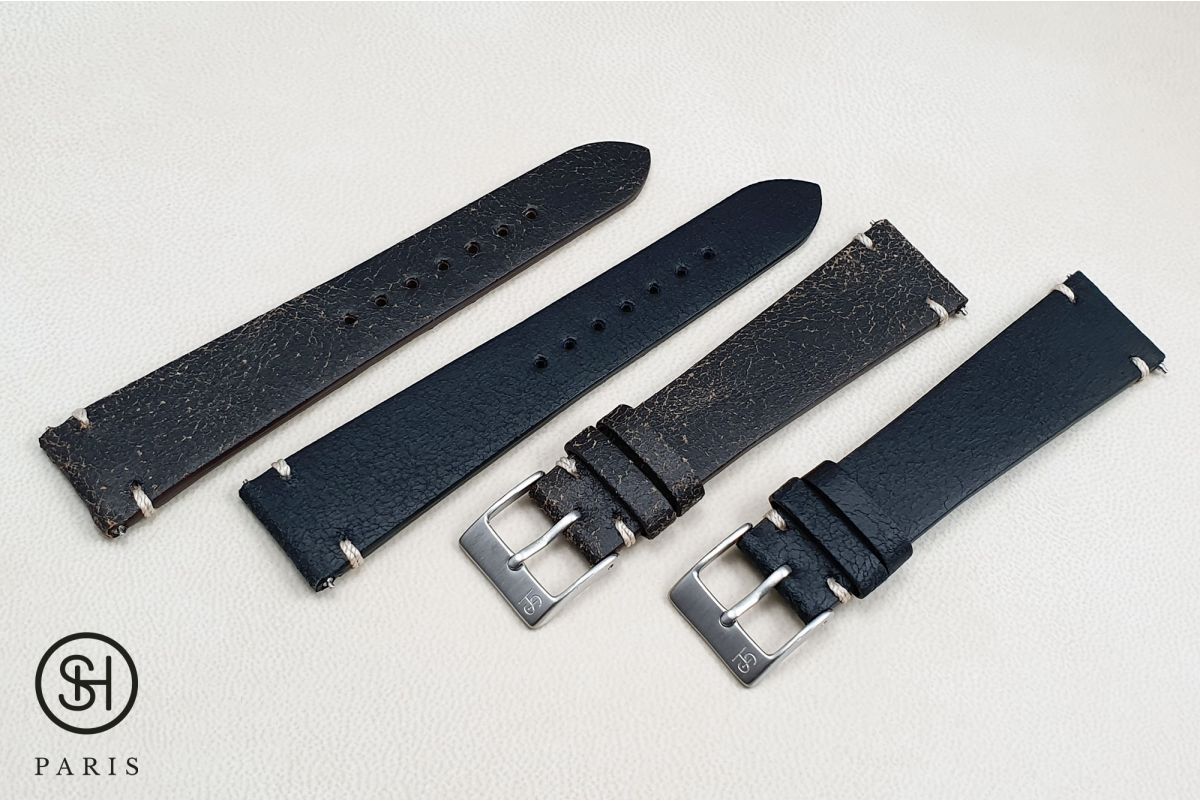 Black/Brown Old School SELECT-HEURE leather watch strap with quick release spring bars (interchangeable)