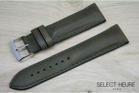 Kaki Green bulging SELECT-HEURE leather watch strap, tone on tone stitching