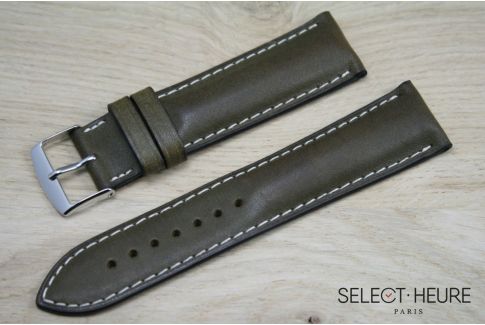 Kaki Green bulging SELECT-HEURE leather watch strap, ecru stitching