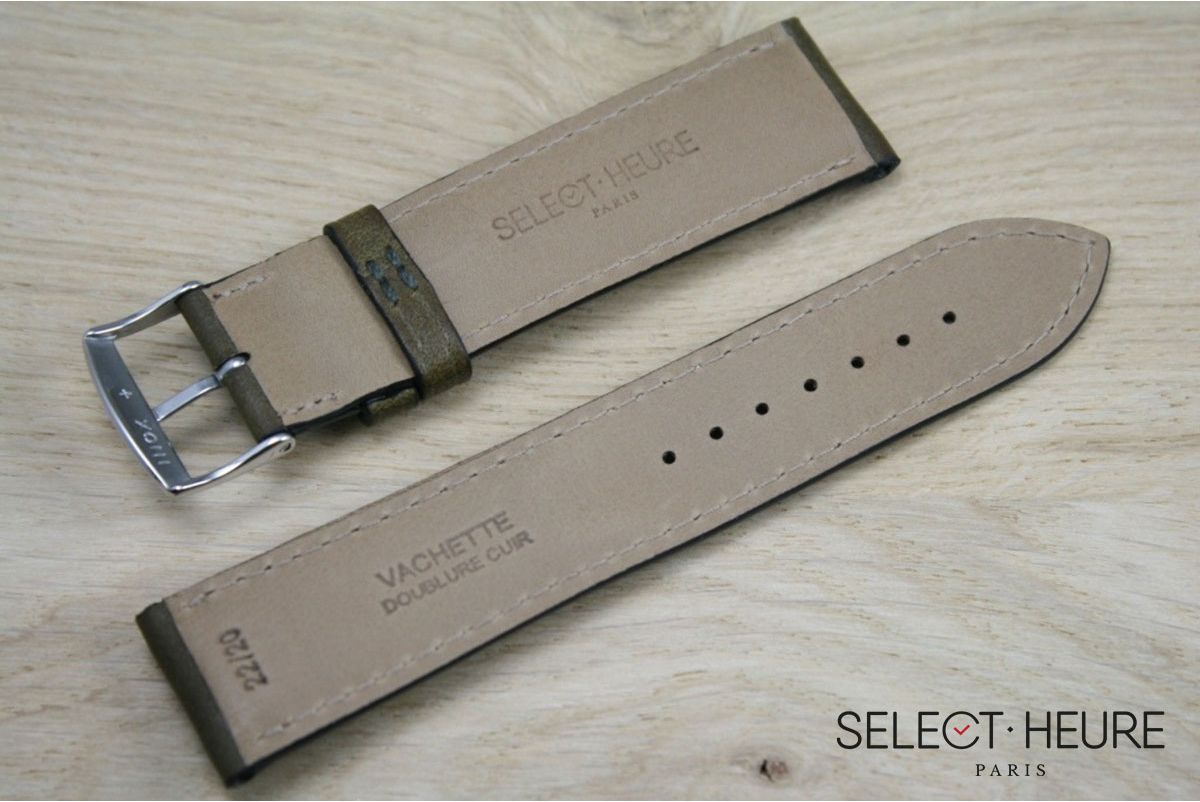 Kaki Green bulging SELECT-HEURE leather watch strap, ecru stitching