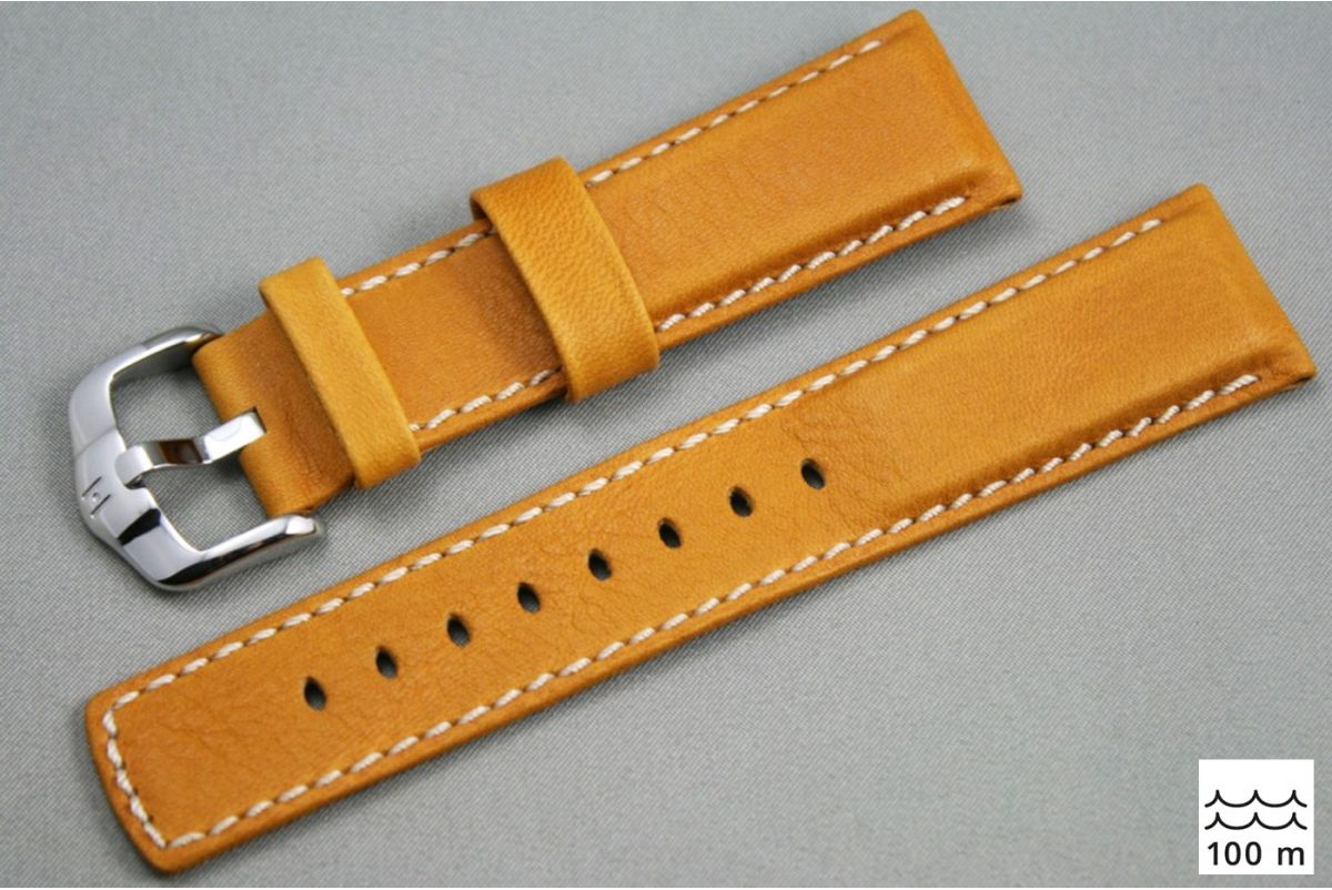 Bracelet montre HIRSCH Mariner cuir Marron Miel couture Blanche (étanche)