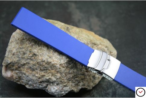 Royal Blue reversible natural rubber watch strap, stainless steel safety deployment clasp