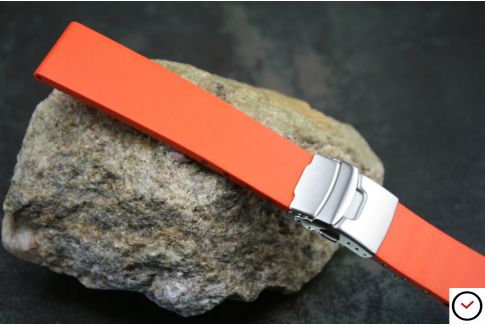 Orange reversible natural rubber watch strap, stainless steel safety deployment clasp