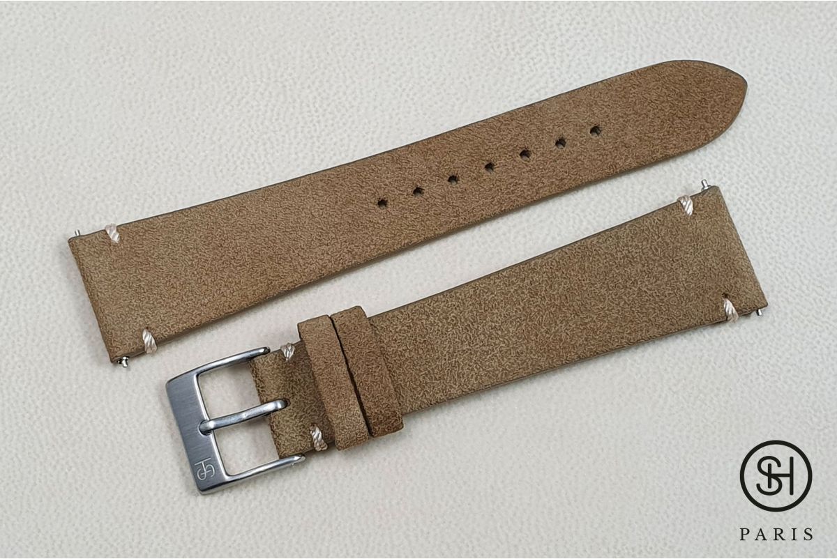 Bronze minimal stitching Suede SELECT-HEURE leather watch strap with quick release spring bars (interchangeable)